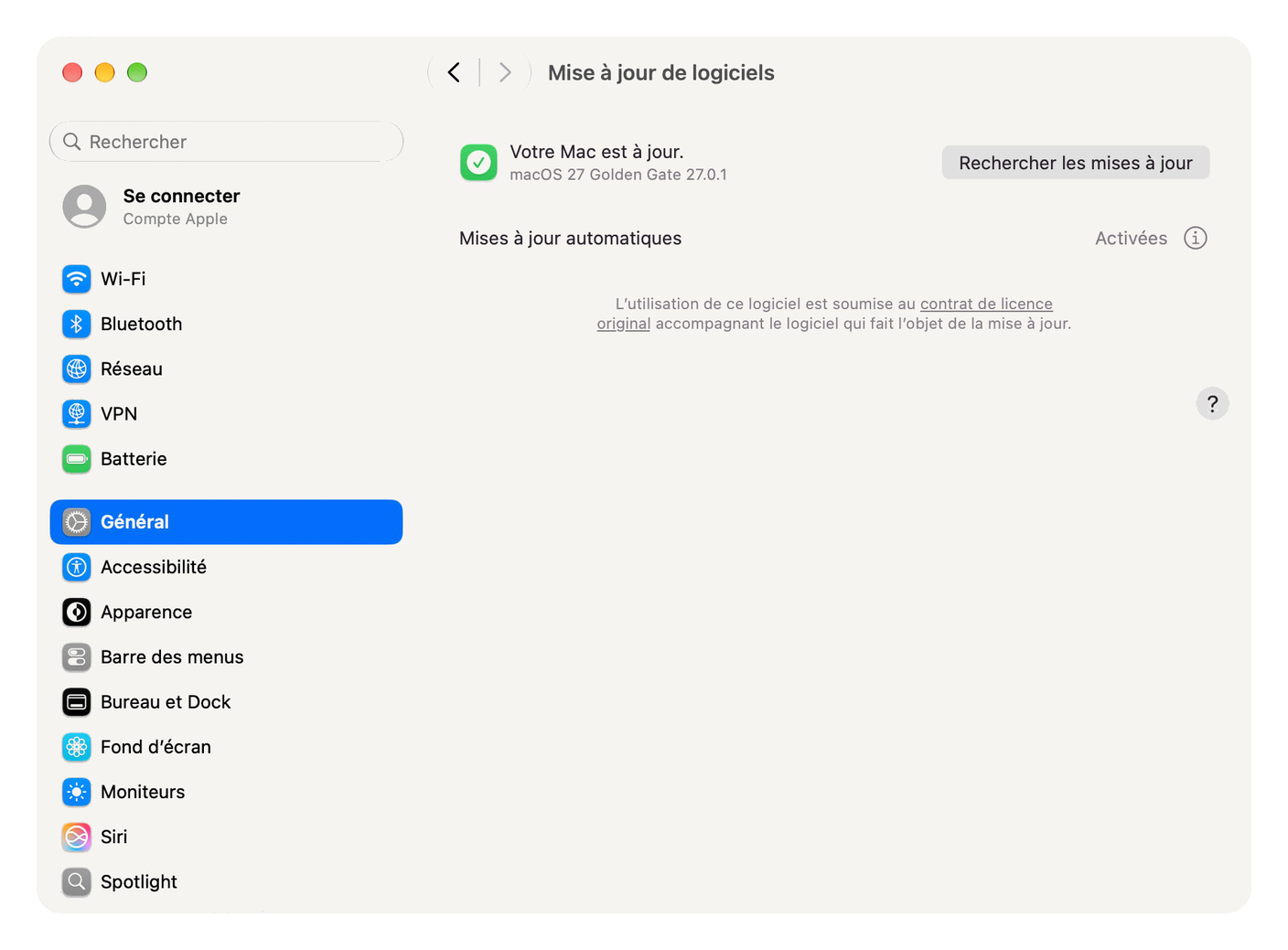 Software Update seen from the standard account, the Mac is up to date on macOS 27.