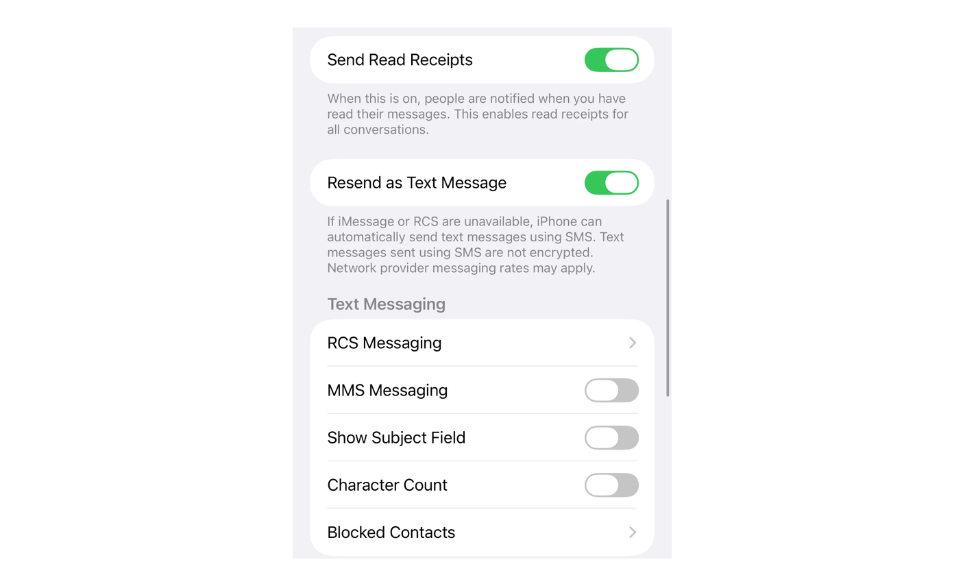 Messages settings on iOS 27, the Resend as Text Message switch and Apple's caption, then RCS Messaging and MMS Messaging