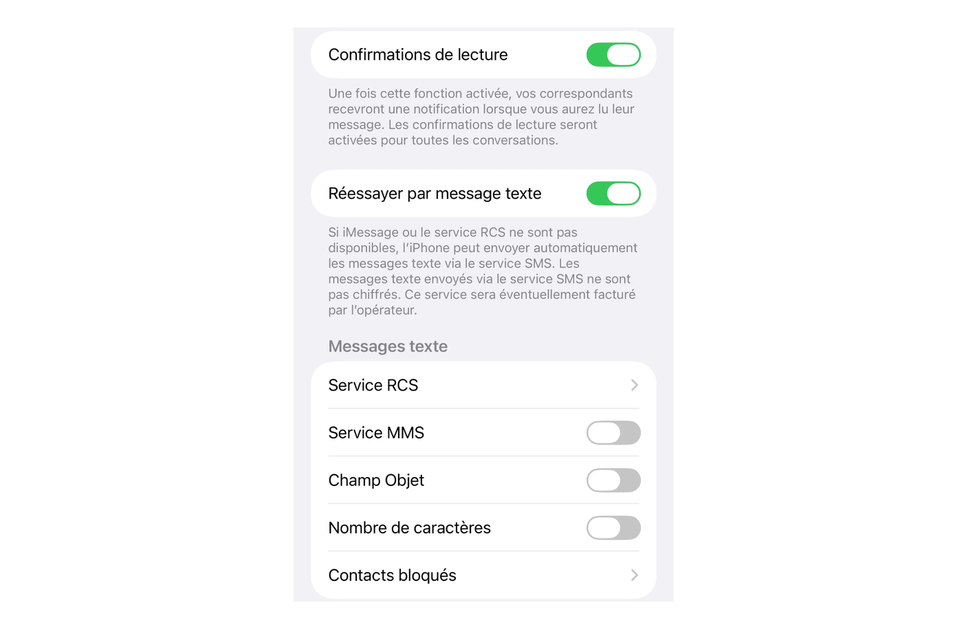 Réglages de Messages sous iOS 27, interrupteur Réessayer par message texte et sa légende Apple, puis Service RCS et Service MMS