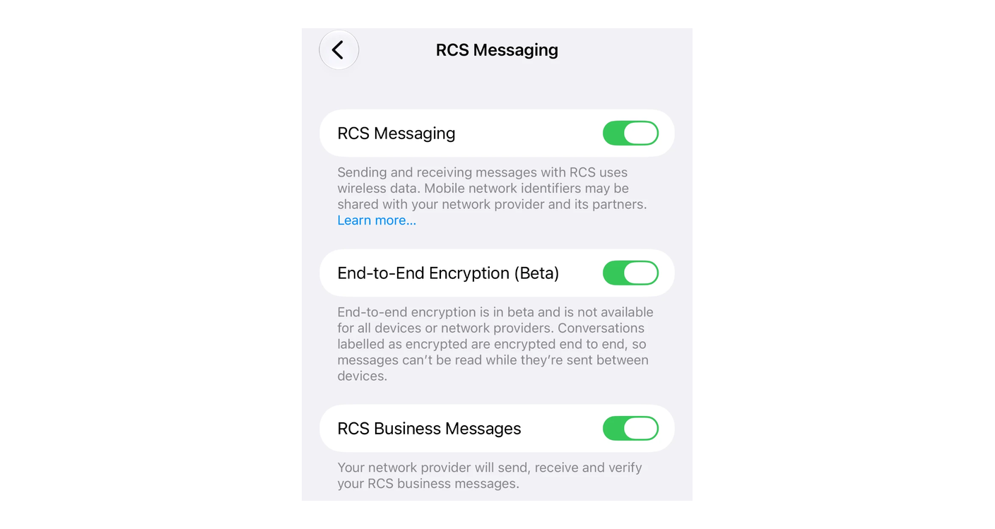 RCS Messaging submenu on iOS 27, with the RCS Messaging, End-to-End Encryption (Beta) and RCS Business Messages switches