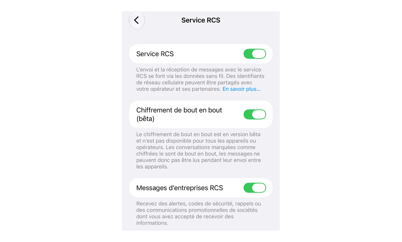 Sous-menu Service RCS sous iOS 27, interrupteurs Service RCS, Chiffrement de bout en bout (bêta) et Messages d'entreprises RCS