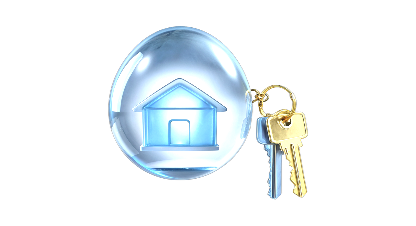 3D render of a translucent blue glass bubble holding a small house, with a key ring hanging from its side, one gold key and one blue key