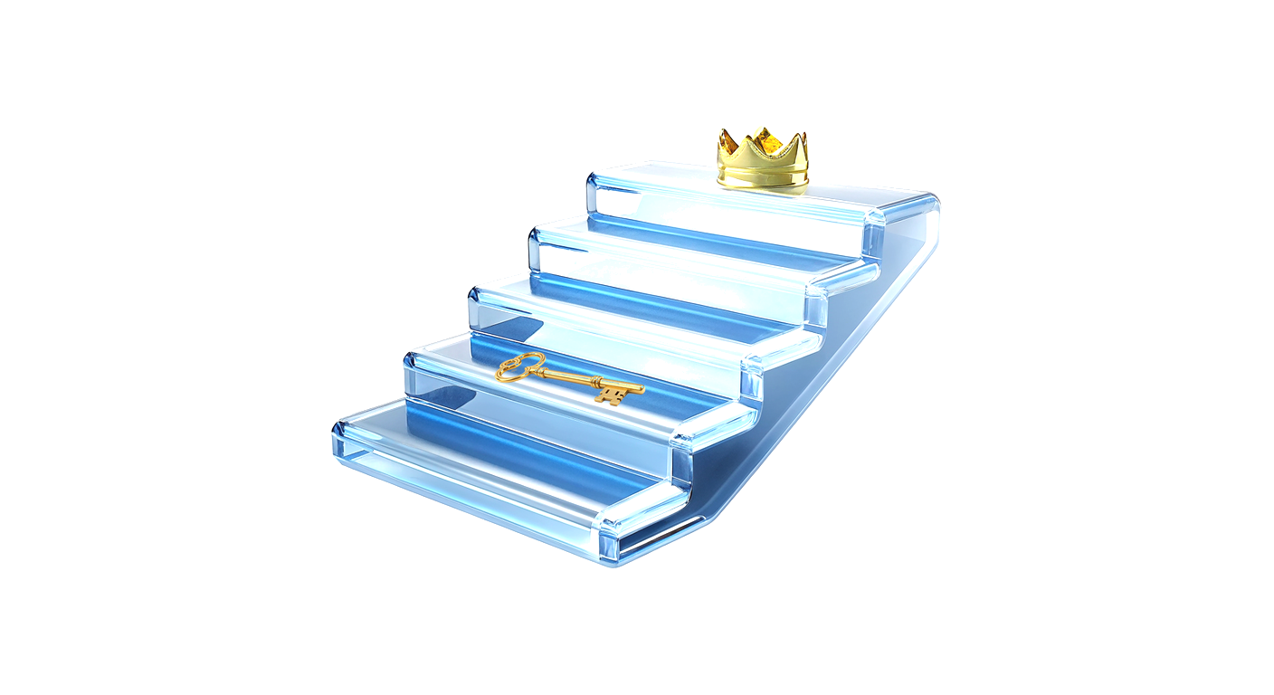 3D render of a translucent blue glass staircase, a golden crown on the top step and a golden key resting lower down