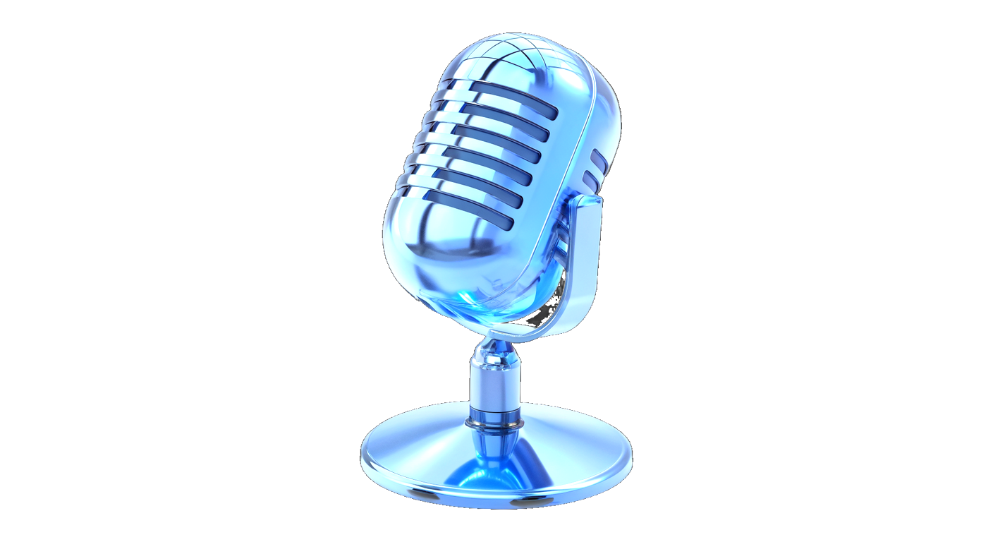 A translucent blue glass studio microphone on a clean white background.