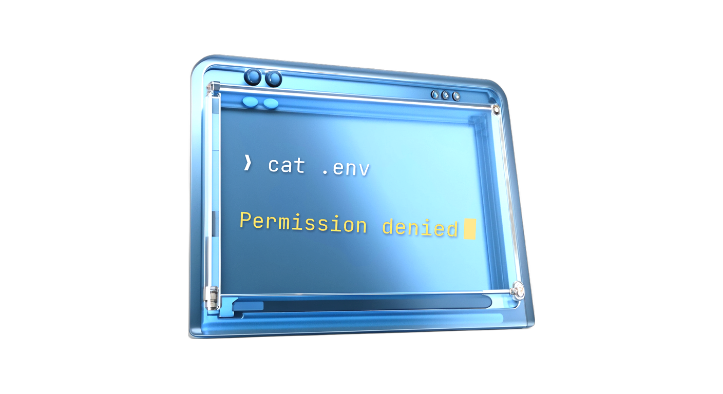 Fenêtre de terminal en verre bleu translucide où la commande cat .env reçoit la réponse Permission denied, en doré