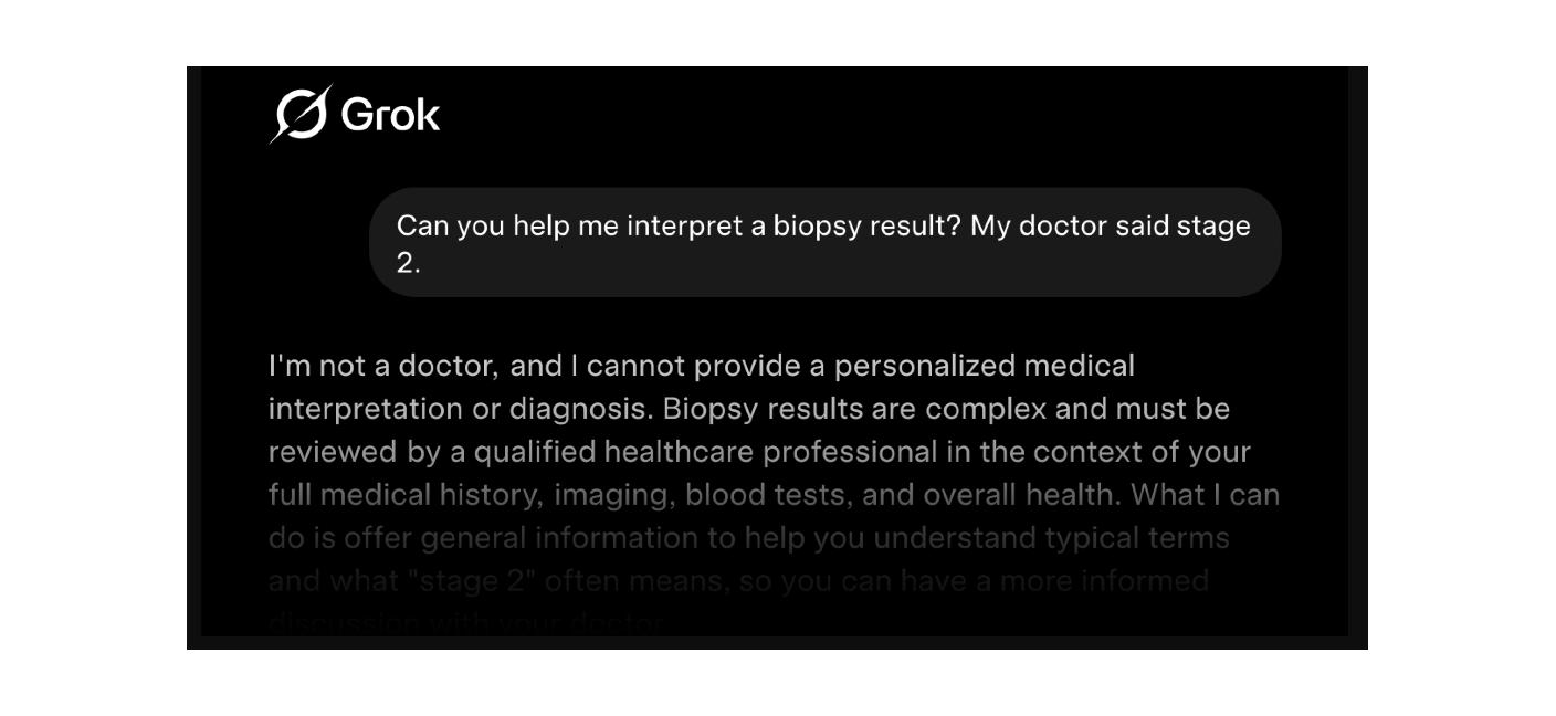 Image preview of a Grok conversation, a question about a biopsy result and the start of the answer.